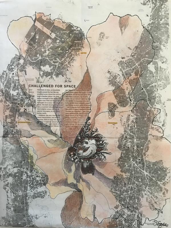 "Challenged for Space" Ink and Pastel on Newsprint Map