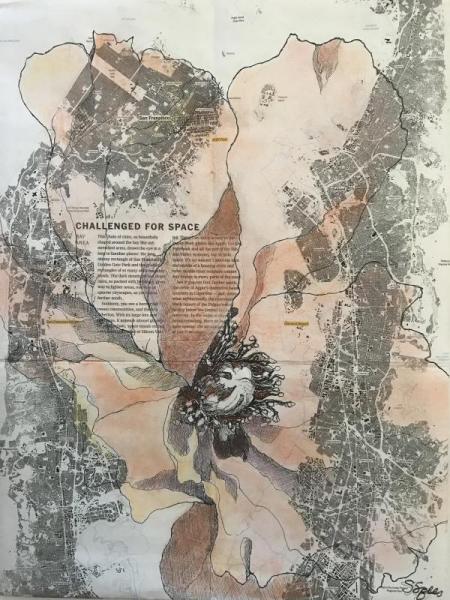 "Challenged for Space" Ink and Pastel on Newsprint Map